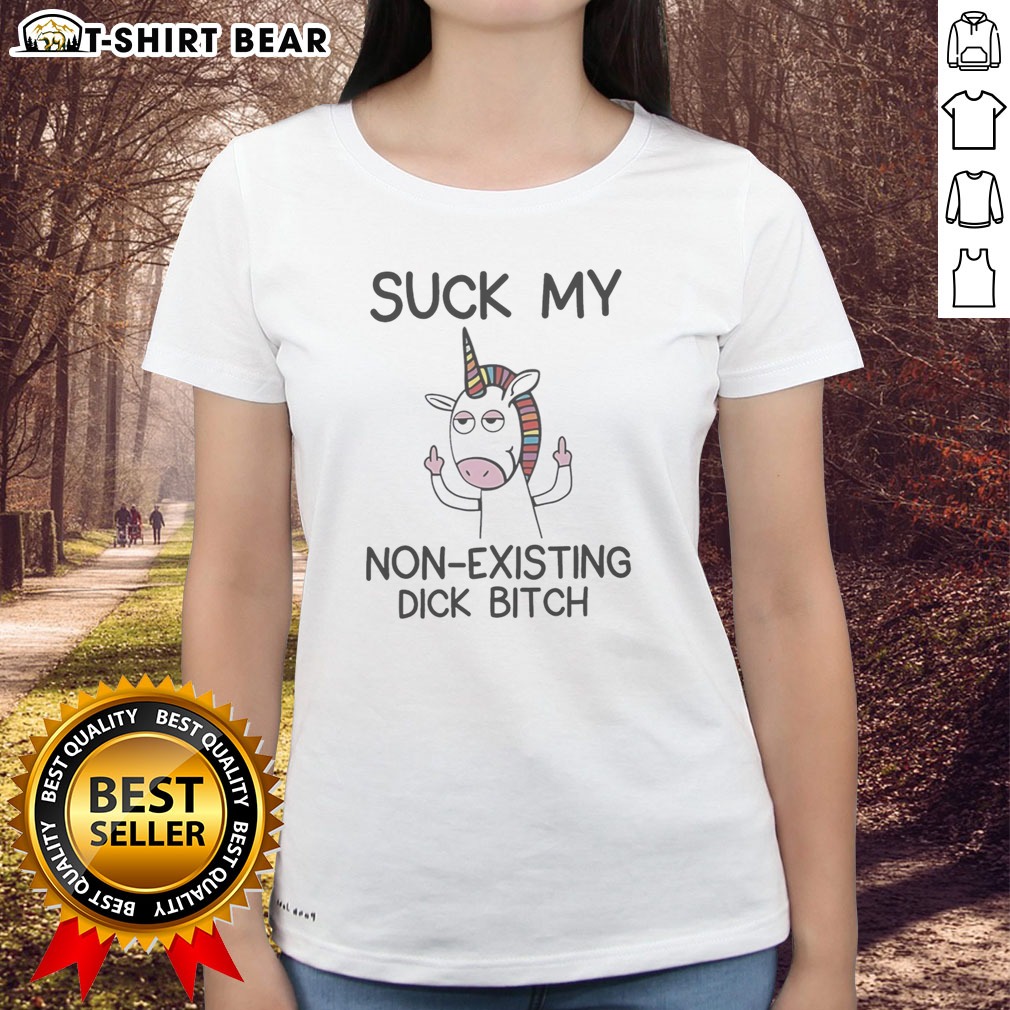 Funny Unicorn Middle Finger Suck My Non Existing Dick Bitch Humor Ladies Shirt Funny Unicorn Middle Finger Suck My Non Existing Dick Bitch Humor Ladies shirt displayed on a mannequin.