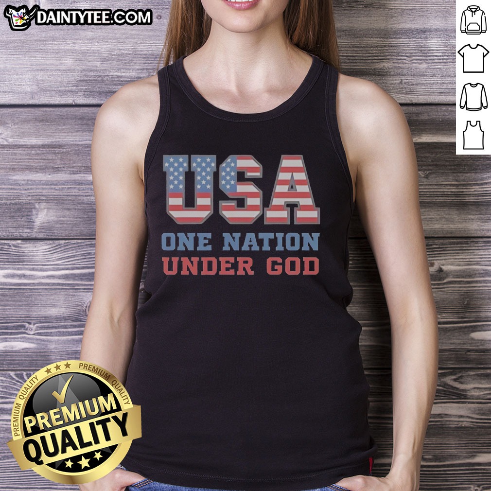 funny-usa-one-nation-under-god-american-flag-patriotic-stars-and-stripes-theme-tank-top Funny USA One Nation Under God American Flag Patriotic Stars And Stripes Theme Tank Top displayed on a neutral background