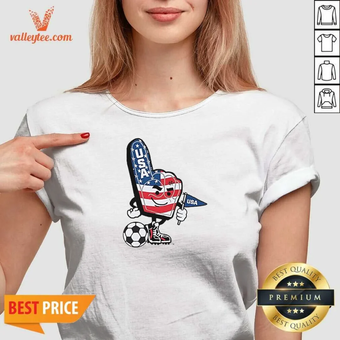 funny-usa-soccer-mascot-foam-finger-with-ball-and-pennant-v-neck-shirt-v-neck-optimized Funny USA Soccer Mascot Foam Finger With Ball And Pennant V Neck Shirt v neck optimized close-up view