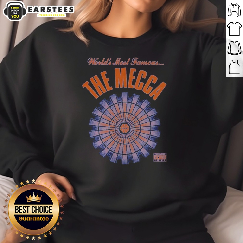 funny-world-s-most-famous-the-mecca-sweatshirt Funny World'S Most Famous The Mecca sweatshirt in dark gray with bold white text on front