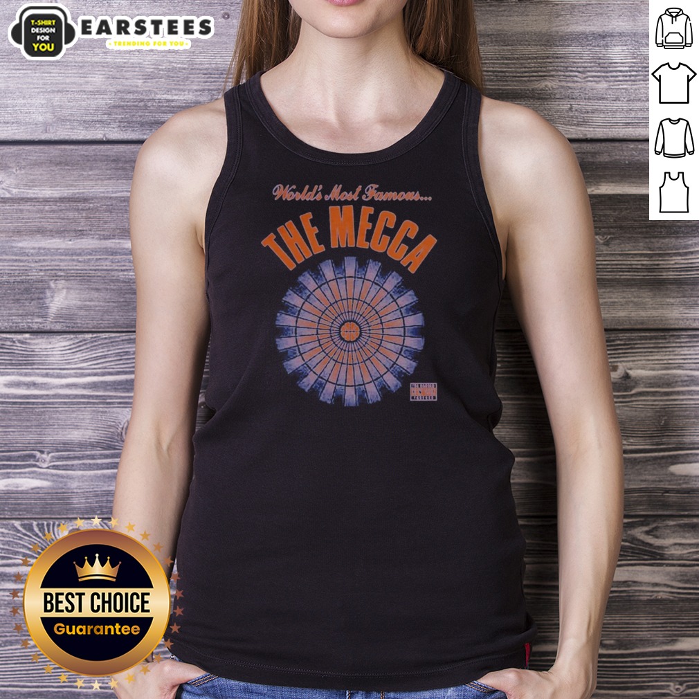 funny-world-s-most-famous-the-mecca-tank-top Funny World'S Most Famous The Mecca tank top in white, sleeveless casual wear with bold printed text