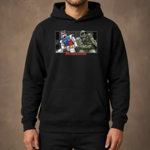 Official Gundaaamn Gundam Damn Meme Hoodie in black with bold graphic print on front, comfortable pullover style