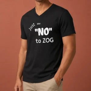 Original Randy Weaver Just Say No To Zog V Neck Shirt in black with white text, casual fit