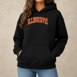 Hot Illinoisivic Il Balkan Ball Hoodie front view in black with bold graphic print