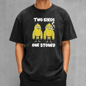 Hot Two Birds One Stoned Smoking Washed T-Shirt