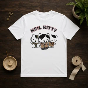 Hot Heil Kitty Parody Satire Cartoon Funny t shirt featuring a bold graphic on a classic crew neck cotton tee
