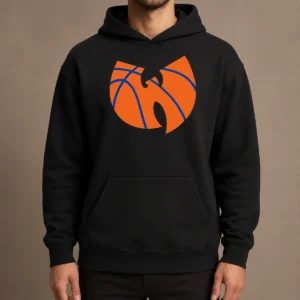 Nice Wu Tang Clan X New York Knicks Logo Hoodie in black with front graphic print, long sleeves, and front pocket