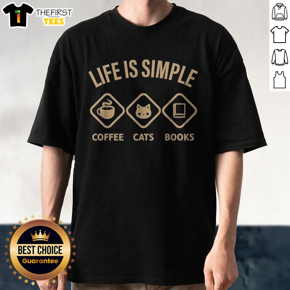 good-life-is-simple-coffee-cats-books-graphic-novelty-casual-cotton-shirt-1 Good Life Is Simple Coffee Cats Books Graphic Novelty Casual Cotton Shirt displayed flat on a wooden surface.