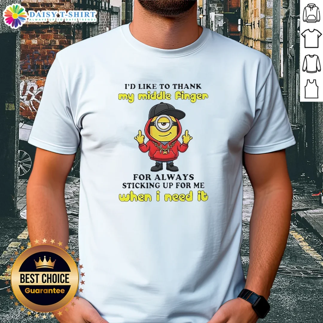 Good Minions I'D Like To Thank My Middle Finger For Always Sticking Up For Me When I Need It Shirt Good Minions I'D Like To Thank My Middle Finger For Always Sticking Up For Me When I Need It graphic tee in black, front view