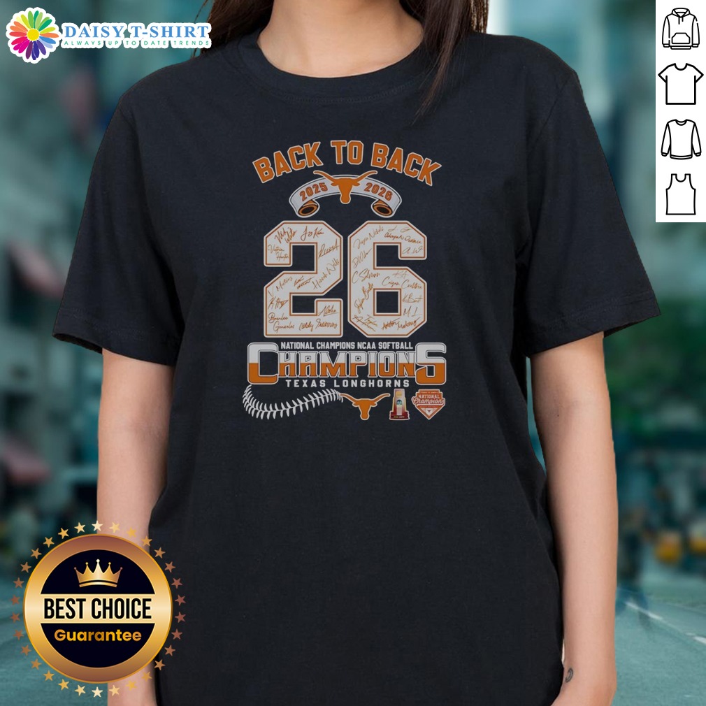 good-texas-longhorns-2025-2026-back-to-back-national-champions-ncaa-softball-ladies-shirt Good Texas Longhorns 2025 2026 Back To Back National Champions NCAA Softball Ladies Shirt displayed on a hanger