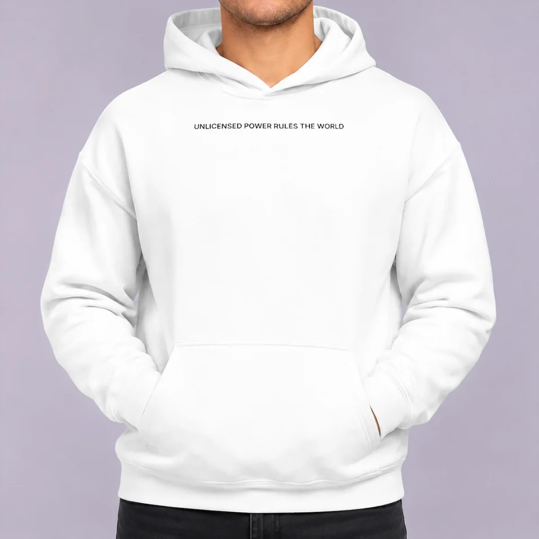 good-unlicensed-power-rules-the-world-hoodie Good Unlicensed Power Rules The World Hoodie in black, featuring bold white text across the chest, cozy pullover style with front pocket