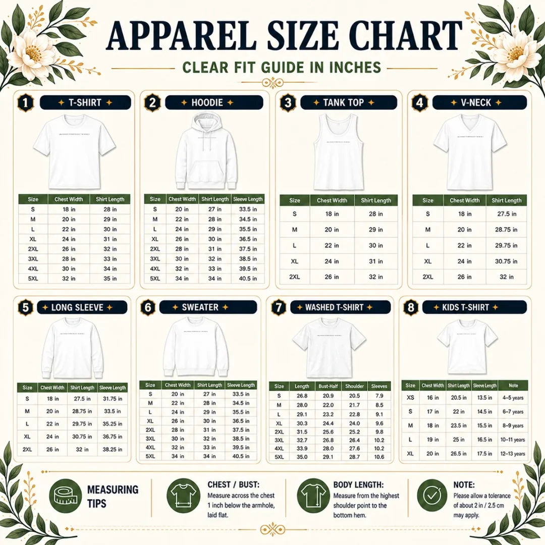 good-unlicensed-power-rules-the-world-size-chart Size chart for Good Unlicensed Power Rules The World showing garment measurements in inches and cm