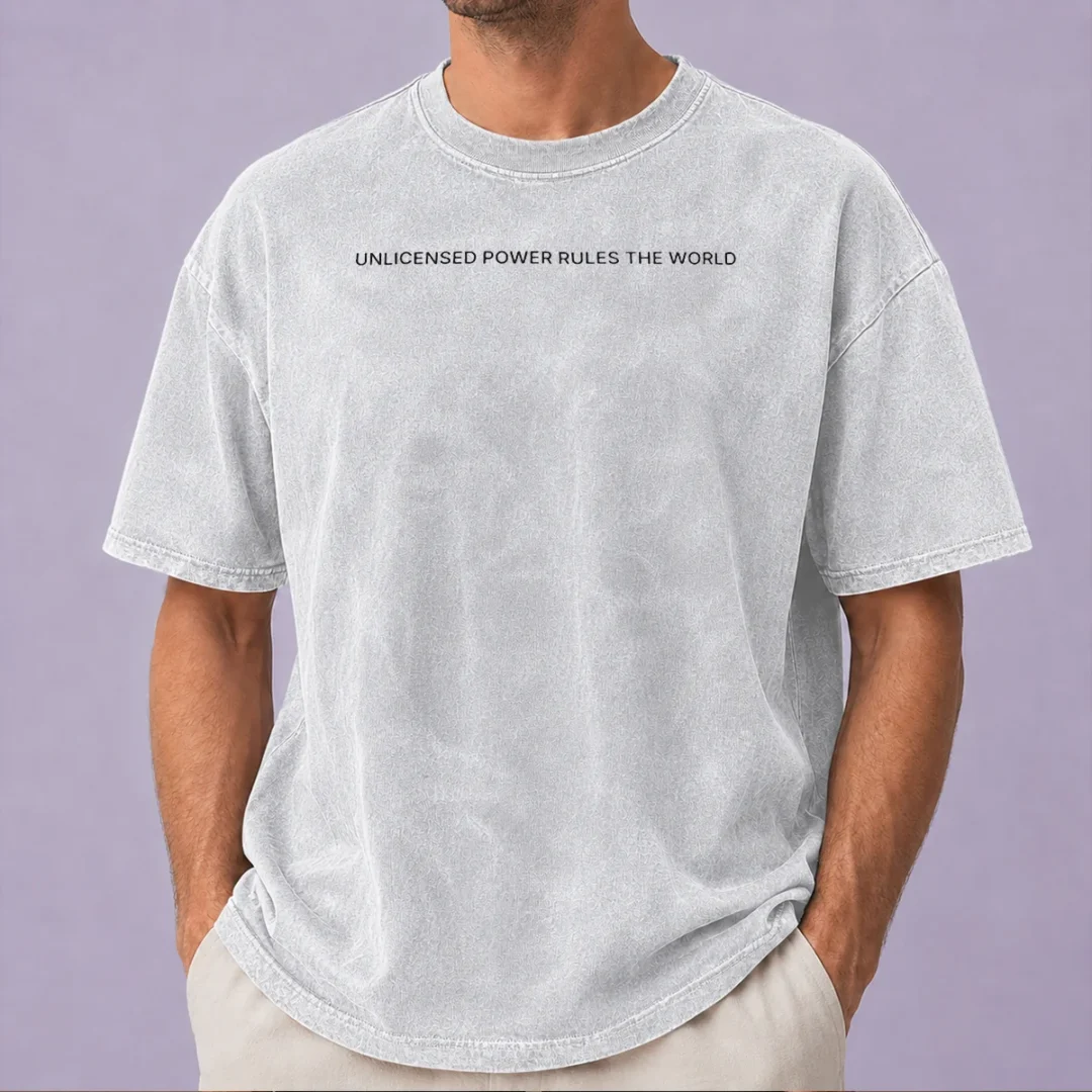 good-unlicensed-power-rules-the-world-washed-t-shirt Good Unlicensed Power Rules The World washed t shirt in soft cotton with faded vintage look