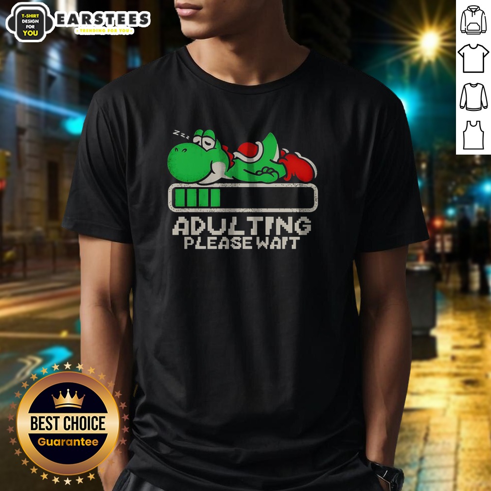 good-yoshi-super-adulting-please-wait-loading-shirt Good Yoshi Super Adulting Please Wait Loading shirt in black, short-sleeve casual tee with playful text graphic