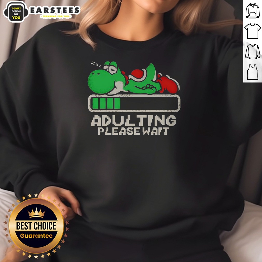 good-yoshi-super-adulting-please-wait-loading-sweatshirt Good Yoshi Super Adulting Please Wait Loading sweatshirt in charcoal gray, featuring a playful loading bar graphic on the front