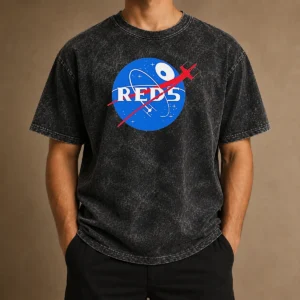 Pretty Red 5 NASA Parody Logo Washed T Shirt featuring vintage washed fabric and bold red graphic