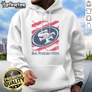 Premium San Francisco 49ers American Heritage Wordmark hoodie displayed in a vibrant red color.