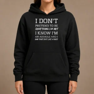 Good I Don'T Pretend To Be Something I'M Not I Know I'M An Asshole And I Own That Shit Like A Boss Hoodie on a black pullover hoodie with front pocket and hood