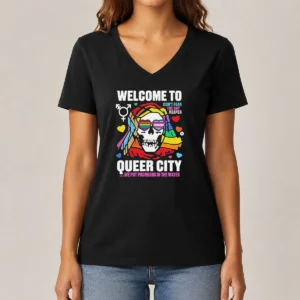 Original Welcome To Queer City Dont Fear The Gay Reaper We Put Pronouns In The Water V Neck Shirt in black with bold colorful text design