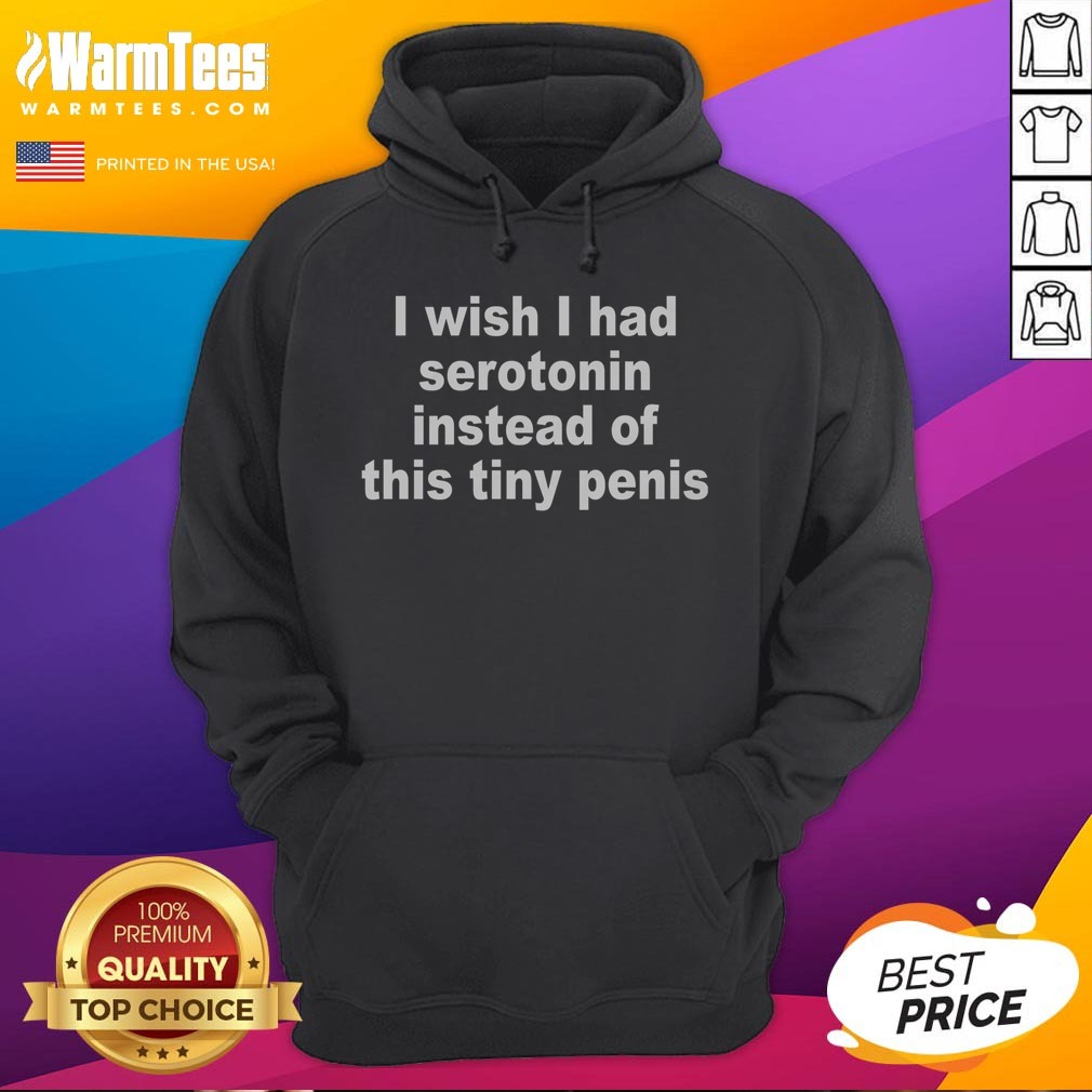 hot-i-wish-i-had-serotonin-instead-of-this-tiny-penis-hoodie Hot I Wish I Had Serotonin Instead Of This Tiny Penis hoodie displayed on a hanger, showcasing its unique graphic design.