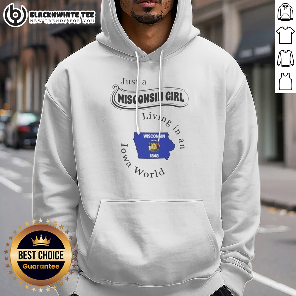 hot-just-a-wisconsin-girl-living-in-an-iowa-world-hoodie Hot Just A Wisconsin Girl Living In An Iowa World Hoodie in charcoal grey with white and red text print