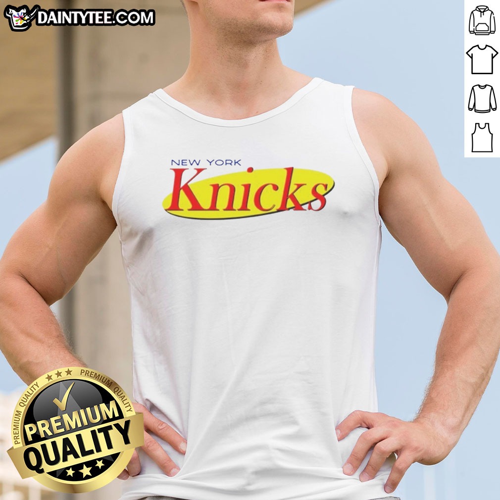 hot-new-york-knicks-seinfeld-logo-tank-top Hot New York Knicks Seinfeld Logo Tank top in white, featuring a bold graphic design on a sleeveless cotton garment