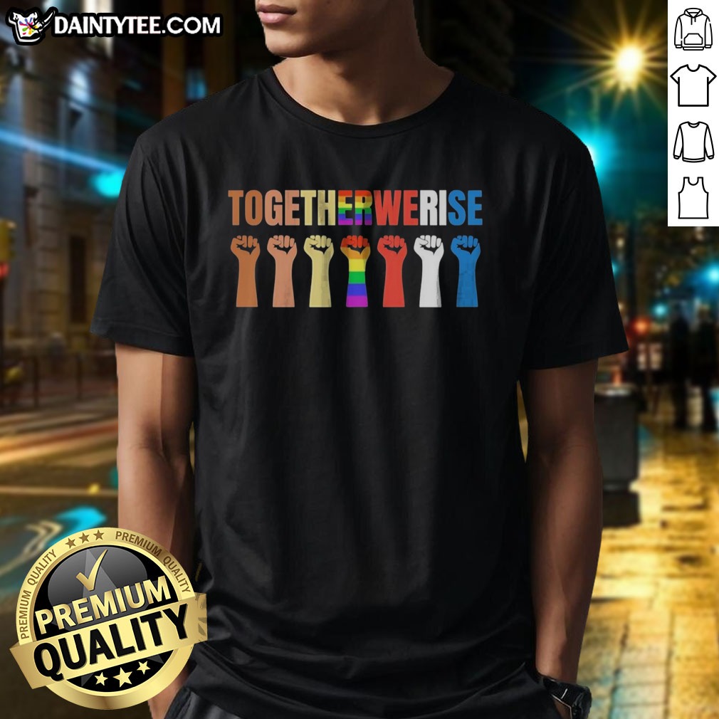 hot-pride-lgbtq-human-rights-social-justice-equality-fists-togetherwe-rise-shirt Hot Pride LGBTQ Human Rights Social Justice Equality Fists Togetherwe Rise Shirt displayed on a vibrant background.