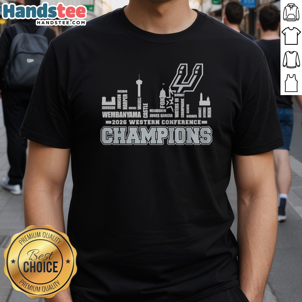hot-san-antonio-spurs-2026-western-conference-champions-wembanyama-vassell-castle-shirt-1 Hot San Antonio Spurs 2026 Western Conference Champions Wembanyama Vassell Castle Shirt displayed on a neutral background