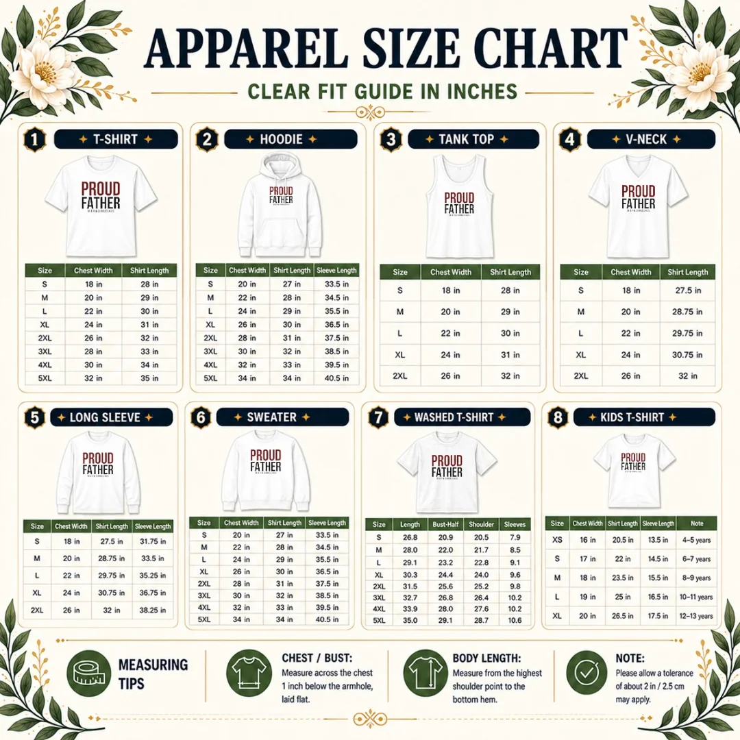 hot-top-proud-father-of-a-few-dumbass-kids-size-chart Size chart for Hot Top Proud Father Of A Few Dumbass Kids with measurements in inches and cm