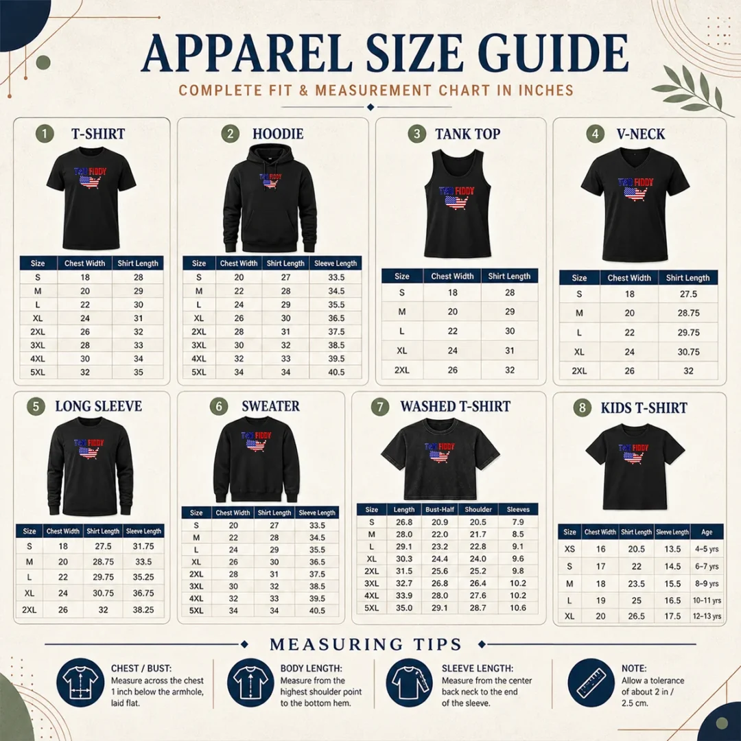 Hot United States Map Two Fiddy Size Chart Size chart for Hot United States Map Two Fiddy with measurements in inches and centimeters