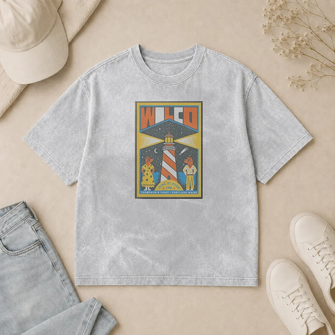 Hot Wilco In Portland Maine On June 21 2026 Tour Poster Washed T Shirt Hot Wilco In Portland Maine On June 21 2026 Tour Poster printed on a soft washed t shirt in light gray