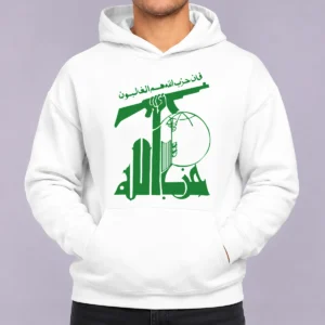 Official Flag Of Hezbollah Hoodie in black with yellow flag graphic on front, displayed on a flat lay background