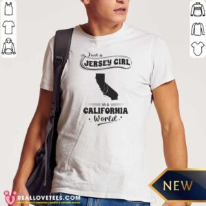 Official Just A Jersey Girl In A California World Map Shape shirt optimized, featuring a fitted short-sleeve cotton tee with unique state map graphic