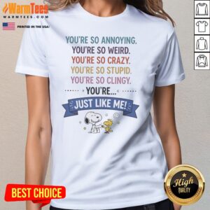 Good Snoopy And Woodstock You'Re So Annoying You'Re So Weird You'Re So Crazy You'Re So Stupid ladies tee featuring a fun graphic