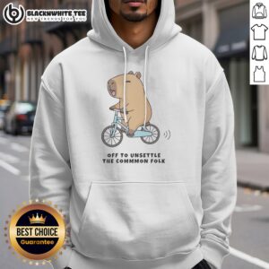 Official Capybara Driving Bicycle Off To Unsettle The Common Folk Funny Meme Illustration Hoodie displayed on a hanger