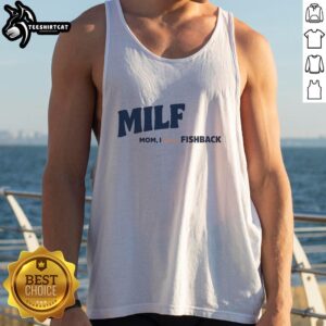 Awesome Milf Mom wearing a 'I Love Fish' tank top, showcasing a fun and trendy summer look for casual outings.