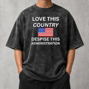 Good United States Love This Country Despise This Administration American Flag Washed T Shirt in faded vintage style