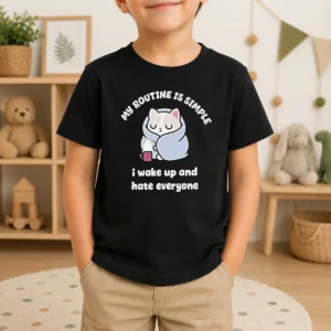 Premium My Routine Is Simple I Wake Up And Hate Everyone Cat Kids T-Shirt