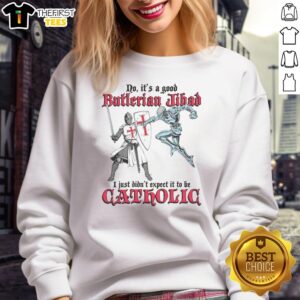 Cool sweatshirt featuring 'Good Butlerian Jihad' design, perfect for fans of Catholic-themed sci-fi apparel.