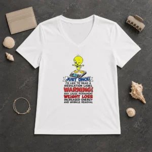 Funny Tweety Bird Just Once I'D Like To Read A Medication Label Warning V-Neck Shirt