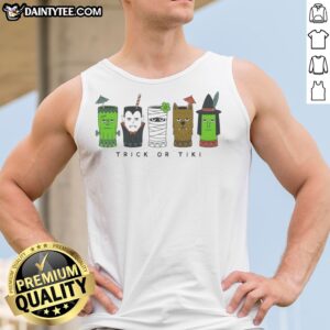 Nice Trick Or Tikifrankenstein Vampire Mummy Werewolf Witch Monster Glasses Tank top displayed on a neutral background.