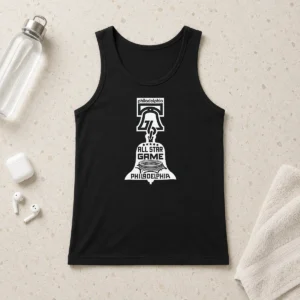 Pretty Philadelphia 76ers All Star Game Basketball Bell tank top in white with vibrant team logo and graphic design