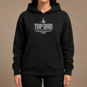 Official Top Dad Top Gun Logo Parody Hoodie in charcoal gray with front graphic print