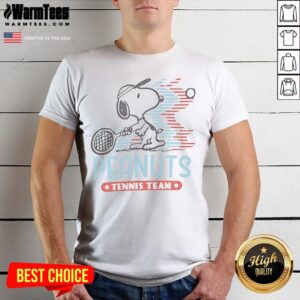Snoopy Peanuts Tennis Team shirt featuring a playful illustration of Snoopy playing tennis.