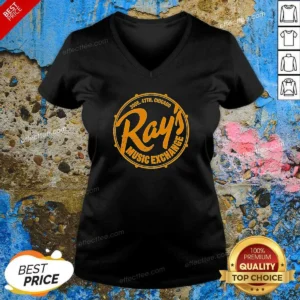 Good 300E 47th Chicago Music Exchange V Neck Shirt v neck optimized in dark color, front view