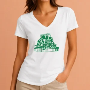Official Jason Kelce Philadelphia Eagles Oceandrive Shore Birds V Neck Shirt in green with team logo and shore birds graphic