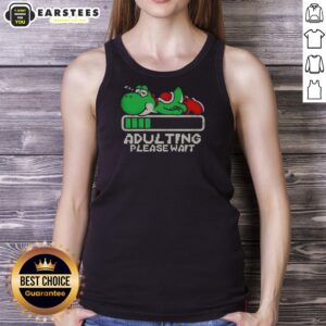 Good Yoshi Super Adulting Please Wait Loading tank top in white, sleeveless casual wear with fun graphic text