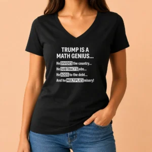 Hot Trump Is A Math Genius He Divides The Country He Subtracts Jobs V Neck Shirt in black with bold white text design