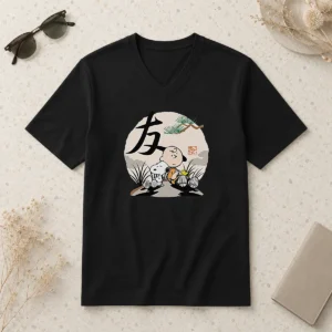 Official Peanuts Charlie Brown Friends Japan Mens V Neck Shirt featuring classic Peanuts characters on a comfortable V neck garment