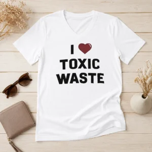 Good I Love Toxic Waste V Neck Shirt in black, short sleeves, soft cotton fabric